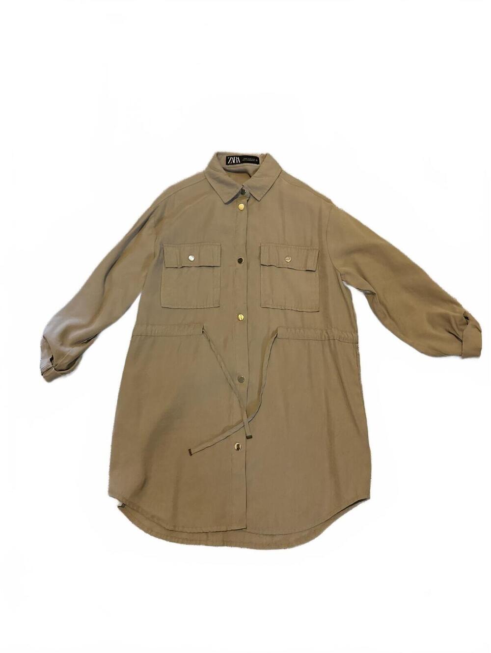 Zara Women’s Beige/Cream Button Down Long Sleeve Shirt with Tie Waist - Size XS